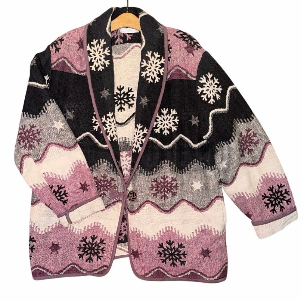 Vintage casual corner 100% cotton tapestry belted jacket large pink snowflakes